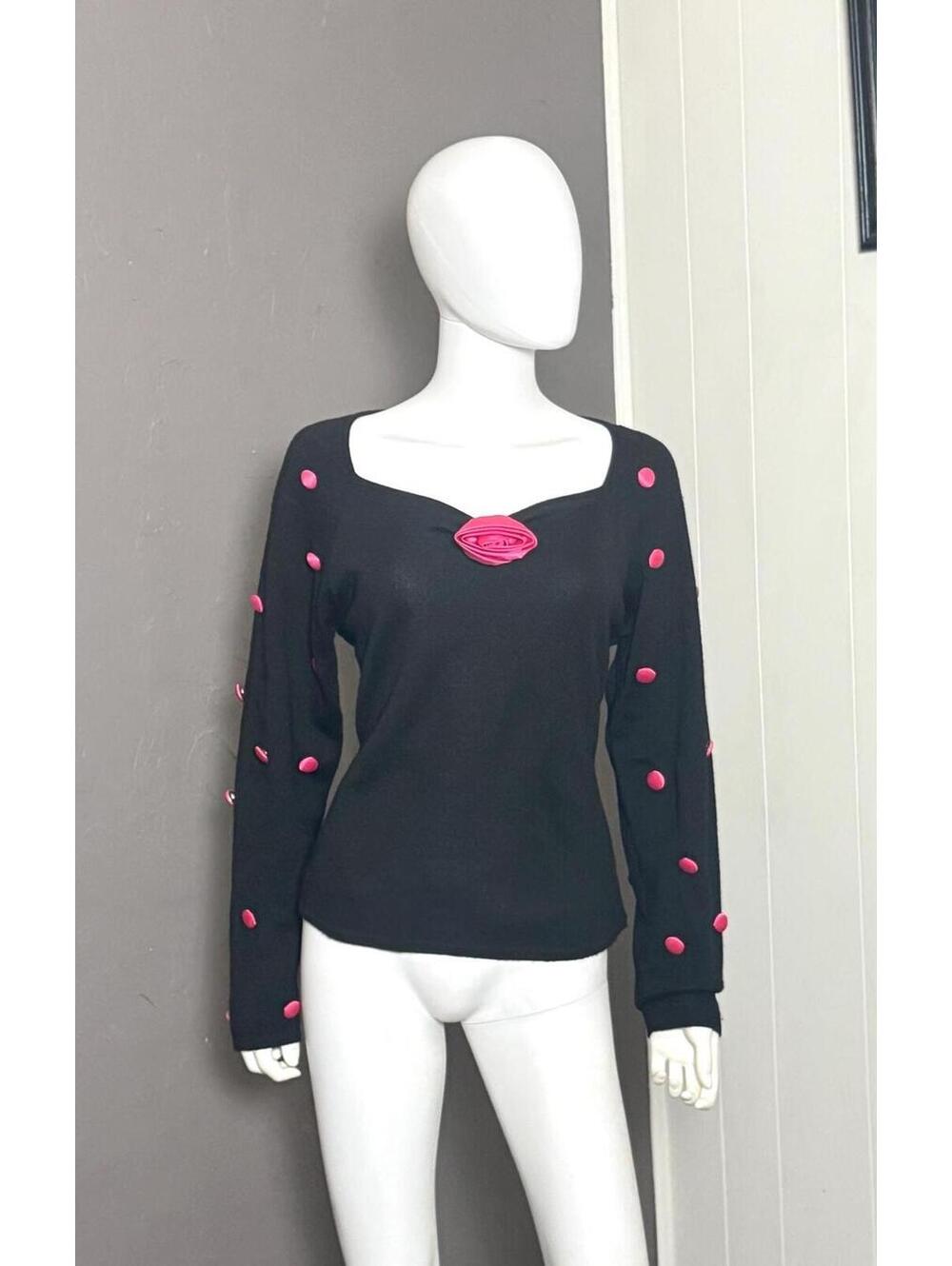 1980's Black + Pink Satin Button Sweater Pierre Cardin Totally 80's Knit Top